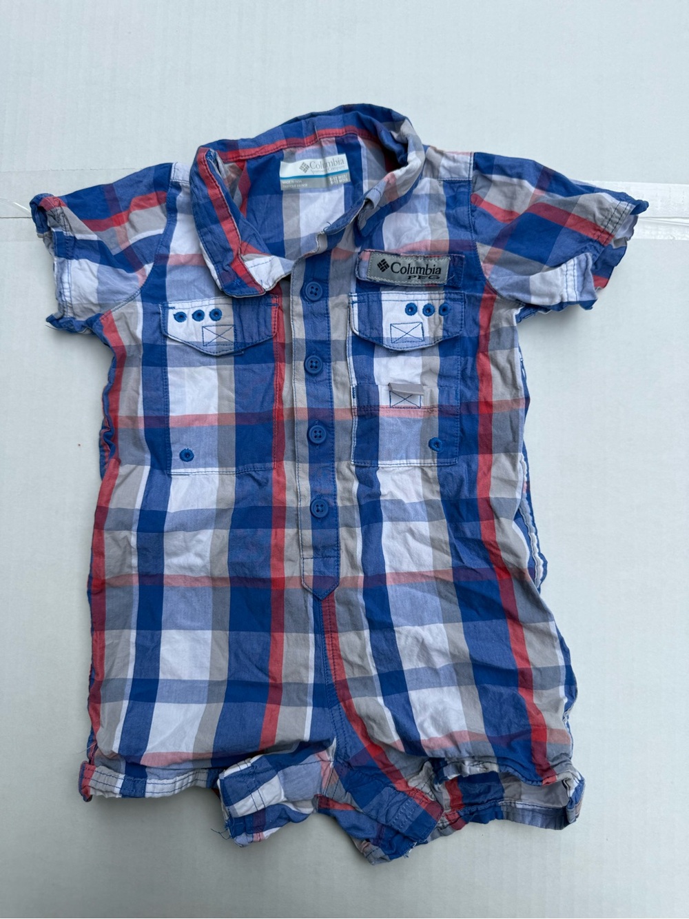 Columbia Red, Blue & White Plaid Short-Sleeve Button Romper 6-12M